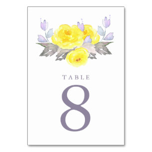Schöne Aquarell-Grau-Gelb-Violette-Rosen-Hochzeit Tischnummer