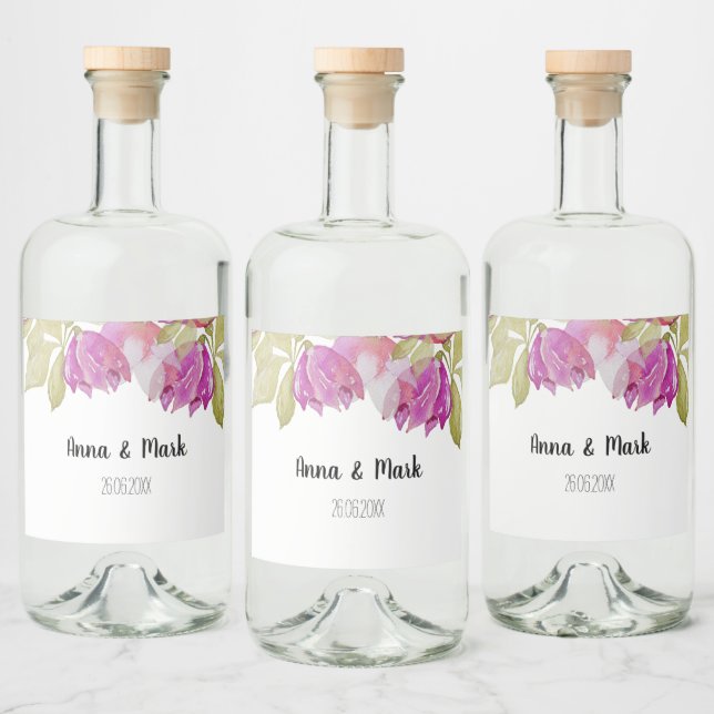 Schöne Aquarell Rosa Blume Handgemalt Alkoholflaschenetikett (Flaschen)