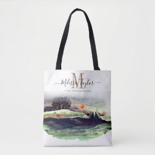 Schöne Aquarellberge und Baummonogramm