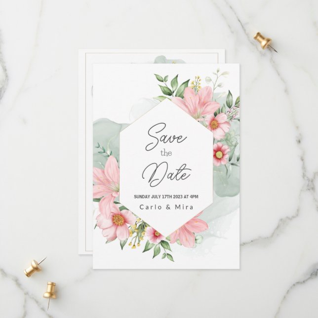 Schöne Aquarellblume Save the Date (Vorderseite/Rückseite Beispiel)