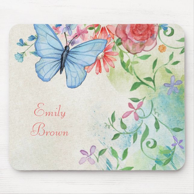 Schöne Aquarellblüte mit Schmetterling Mousepad (Vorne)