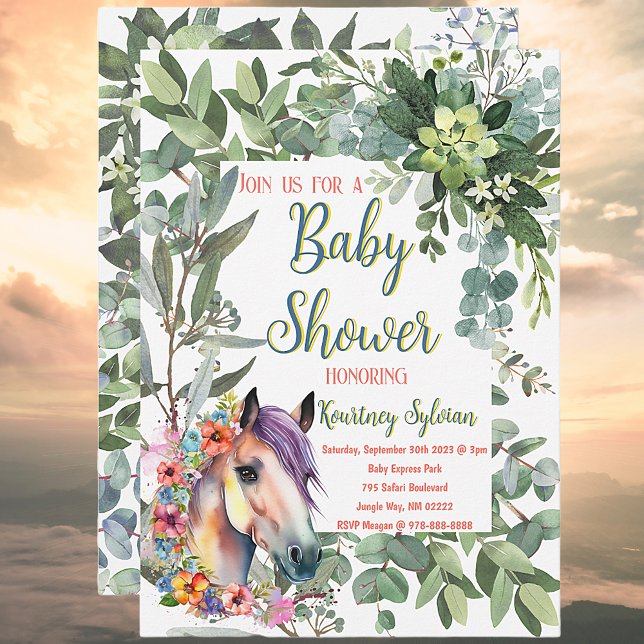 Schöne Aquarellblütendusche Einladung (Horse Lovers Baby Shower Invitation)