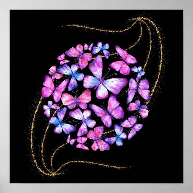 Schöne Aquarellbutterfische mit Goldblende Poster (Vorne)