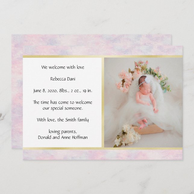 Schöne Aquarellfarbe Rosa Geburtsankündigung Einladung (Vorne/Hinten)
