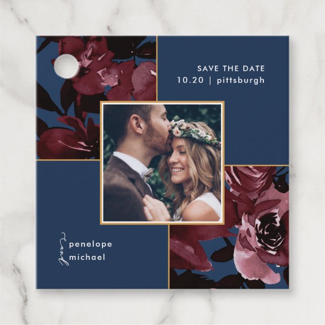 Schöne Aquarellfarben Blau und Rote Hochzeit Geschenkanhänger (Vorderseite)