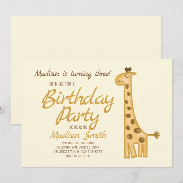 Schöne Aquarellfarben Giraffe Geburtstagseinladung Einladung (Vorne/Hinten)