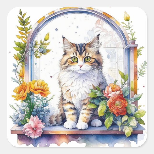 Schöne Aquarellkatze im Blumenfenster Quadratischer Aufkleber (Vorderseite)