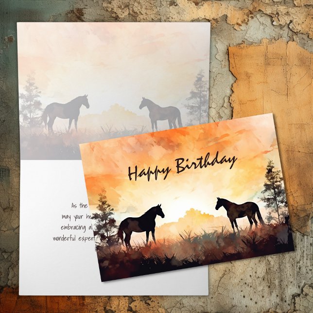 Schöne Aquarellpferde bei Sonnenuntergang Geburtst Karte (Beautiful Watercolor Horses at Sunset Birthday Card)