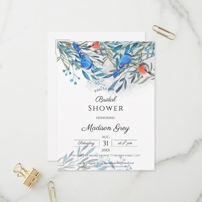 Schöne Aquarellvögel & Foliage Brautparty Einladungspostkarte (Vorderseite/Rückseite Beispiel)