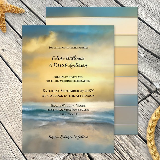 Schöne Art bemalt Strand Hochzeitseinladung Einladung (Wedding invitation featuring an original fine art painting of a sunset at a stormy beach)