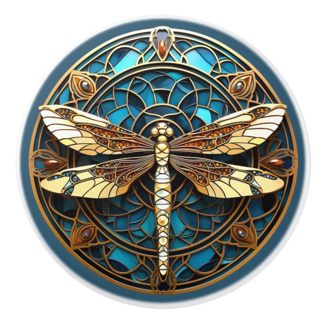 Schöne Art Deco Dragonfly Gemis Türkis Gold Keramikknauf (Vorderseite)