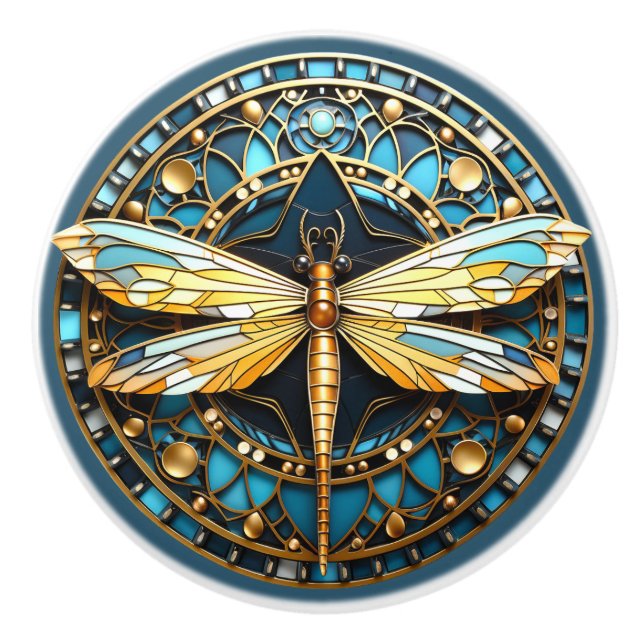 Schöne, Art Deco Dragonfly Gold Türkis Keramikknauf (Vorderseite)