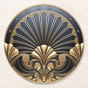 Schöne Art Deco Gold & Navy Runder Pappuntersetzer