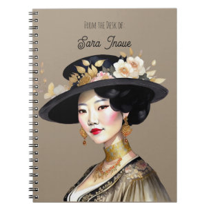 Schöne asiatische Frau im Vintag-Hat-Notebook Notizblock