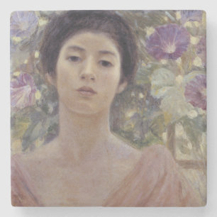 Schöne asiatische Frau mit Blume des Morning Glory Steinuntersetzer