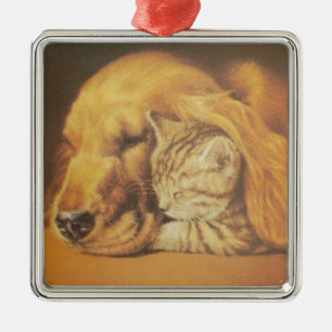 Schöne atemberaubende Katze und Hund kuscheln Kuns Ornament Aus Metall