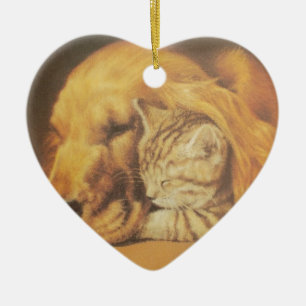 Schöne atemberaubende Katze und Hund kuschelnd Kun Keramik Ornament