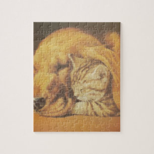 Schöne atemberaubende Katze und Hund kuschelnd Kun Puzzle