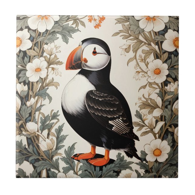Schöne Atlantic-Puffin-Weiße Blumen Fliese (Vorderseite)