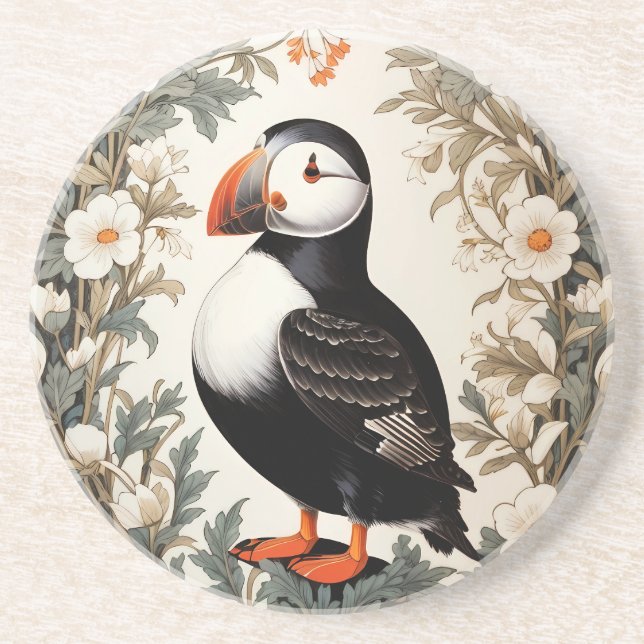 Schöne Atlantic-Puffin-Weiße Blumen Getränkeuntersetzer (Vorne)