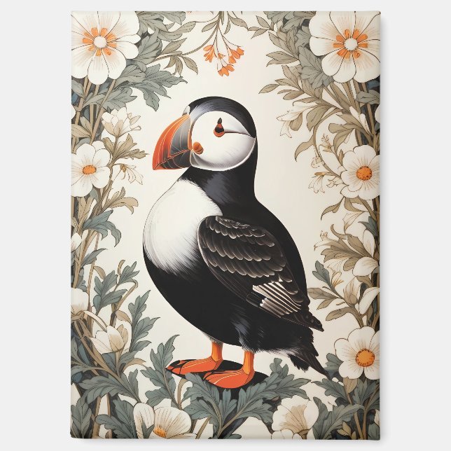 Schöne Atlantischer Papageientaucher Weiße Blumen Magnet (Vorderseite)