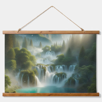 Schöne Aussicht auf Fluss und Wasserfall Wandteppich Mit Holzrahmen