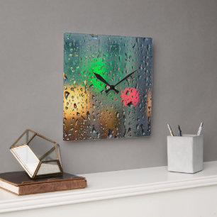 Schöne Aussicht durch Regen Quadratische Wanduhr