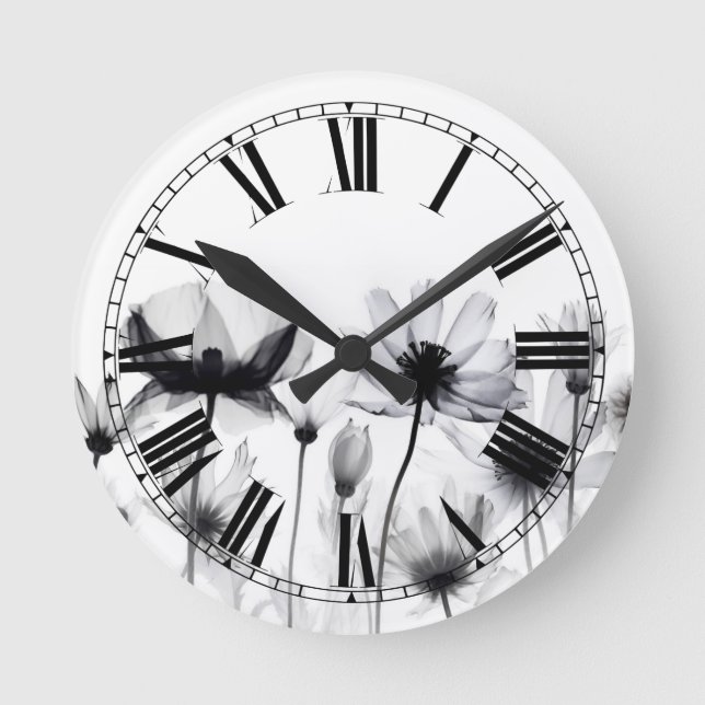 Schöne B&W-Röntgenblumen Runde Wanduhr (Vorderseite)