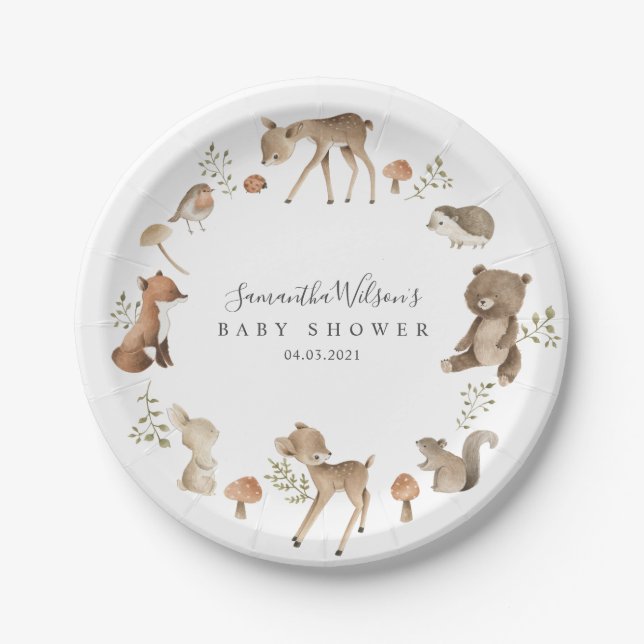 Schöne Baby Bunny Deer Fox Floral Baby Dusche Pappteller (Vorderseite)