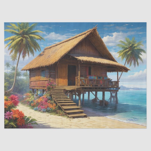 Schöne Bambushütte am Strand von Tropical Island Seidenpapier (Vorderseite)