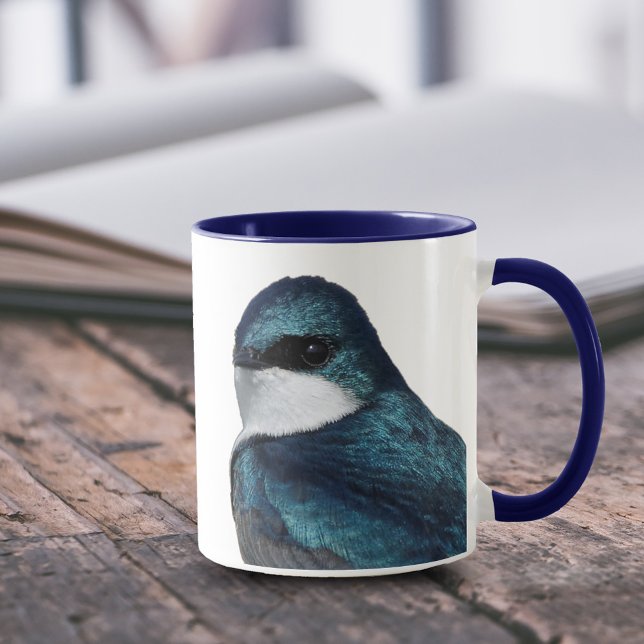 Schöne Baumschlucht: Vogel auf einer Leitung Tasse (Handsome Male Tree Swallow 11 oz Coffee Mug Cover Photo.)