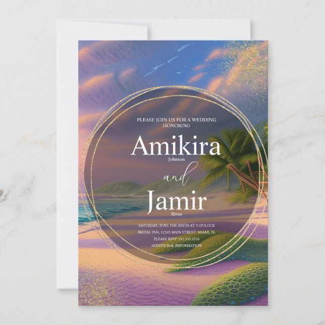 Schöne Beach Background Glitzer Gold Wedding Einladung (Vorderseite)