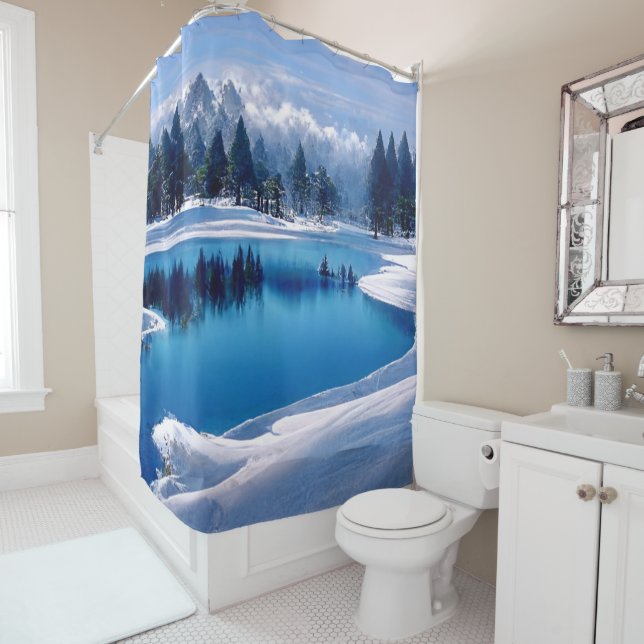 Schöne Bergsee Winterlandschaft Duschvorhang (Beispiel)