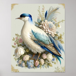 Schöne Bird Print Feathers Aquamarin Blue Ivory Sa Poster