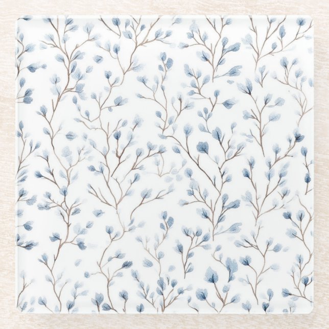 Schöne blau-weiße Blumen   Glasuntersetzer (Vorderseite)