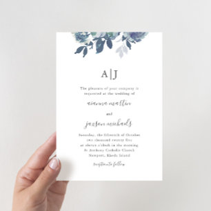 Schöne Blaue Aquarell-Blumen-Monogramm-Hochzeit Einladung