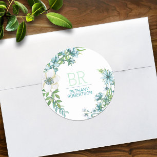 Schöne blaue Aquarell-Blumen personalisiert Runder Aufkleber