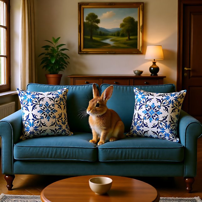 💙 Schöne blaue Azulejos, mittlere Fliesengröße Kissen (💙 Beautiful blue Azulejos, Medium tile size Throw Pillow)