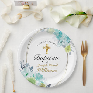 Schöne blaue Blume Golden Cross Baby Taufe Pappteller