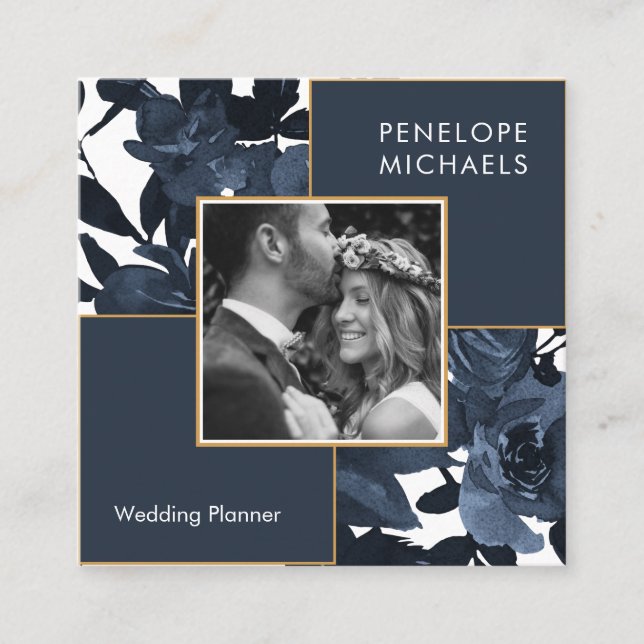 Schöne blaue Blume mit Foto Quadratische Visitenkarte (Vorderseite)