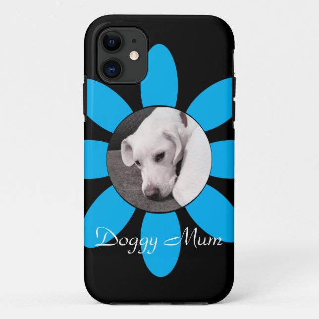 Schöne blaue Blume Rahmen Niedlicher Welpenhund sc Case-Mate iPhone Hülle (Rückseite)