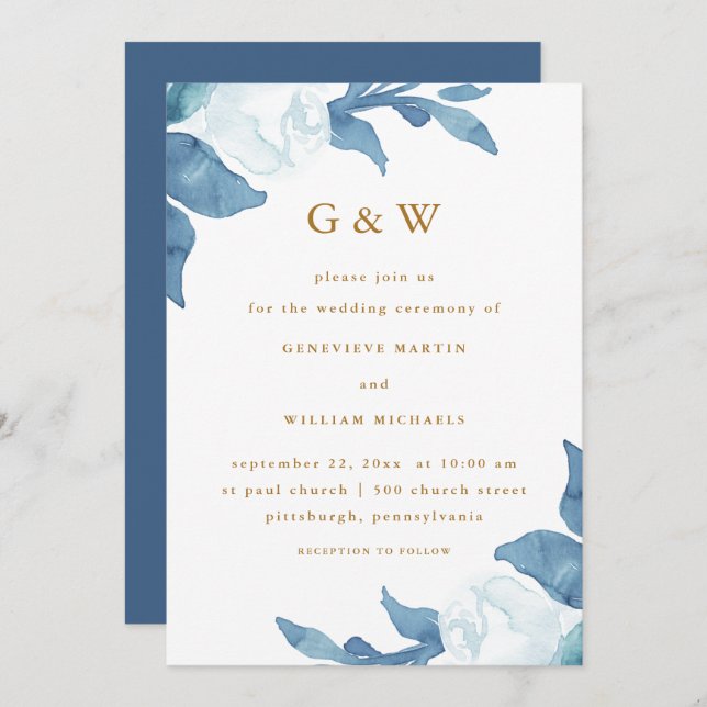 Schöne blaue Blüte mit goldfarbigen Monogrammen Einladung (Vorne/Hinten)