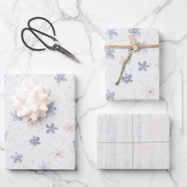 Schöne blaue Creme-Blumen-Geburtstag Geschenkpapier Set (Vorderseite)