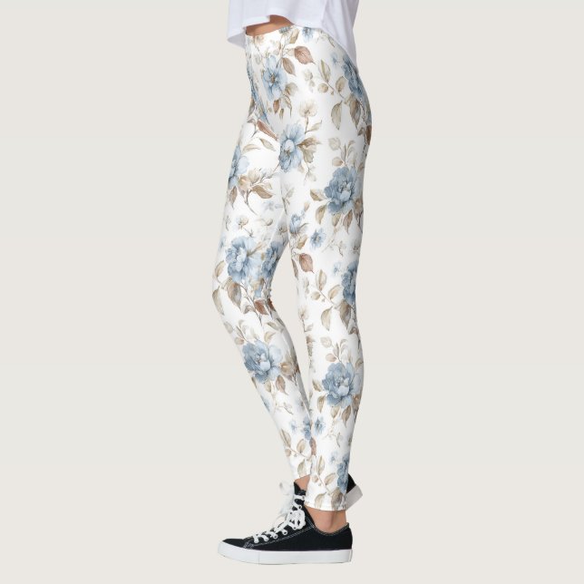 Schöne blaue cremefarbene braune Blumen Leggings (Links)
