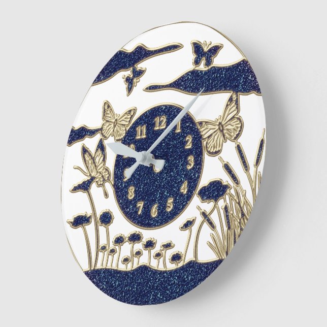 Schöne blaue/goldene Schmetterlinge Große Wanduhr (Winkel)