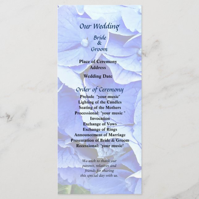Schöne blaue Hortensien-Hochzeitsprogramm Programm (Vorderseite)