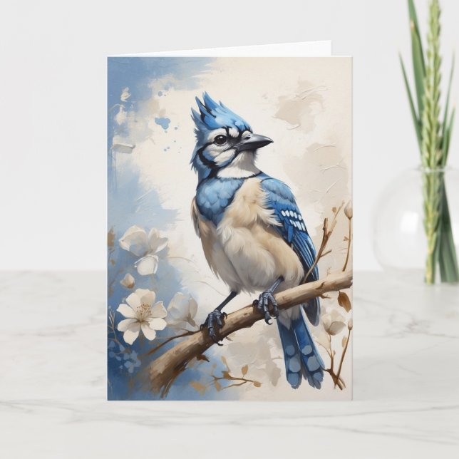 Schöne blaue Jay auf der Blume blank Karte (Vorderseite)