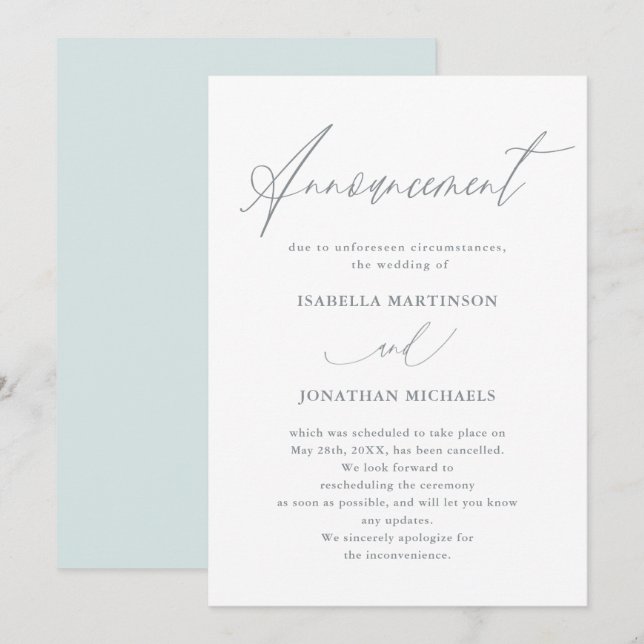 Schöne blaue Kalligrafie Hochzeitstornierung Einladung (Vorne/Hinten)