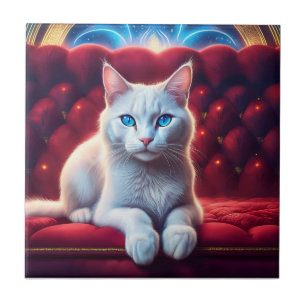 Schöne blaue Katze mit Albinismus auf exotischer r Fliese