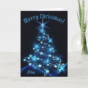 Schöne blaue leuchtende Sterne am Weihnachtsbaum Feiertagskarte